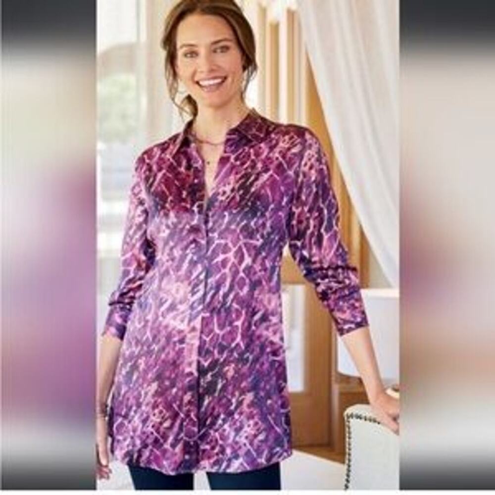 Soft Surroundings 100% Silk Purple Animal Print Button-Up Tunic Shirt M